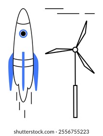 A simple drawing of a rocket launching alongside a wind turbine. Ideal for technology, space exploration, renewable energy, innovation, and sustainability themes. Minimalist vector art
