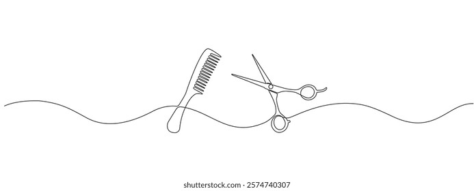 A simple drawing of scissors and comb as one continuous line for a modern symbol of a barber shop or salon. Editable stroke . Minimalistic vector illustration.