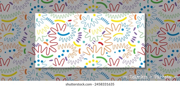 Simple drawing, scribble line and geometric shape, child doodle art style. Abstract graphic design, vector seamless pattern. Illustration design for print fabric, textile and wallpaper background
