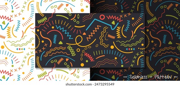 Simple drawing, scribble line and geometric shape, child doodle art style. Abstract graphic design, vector seamless pattern. Illustration design for print fabric, textile and wallpaper background