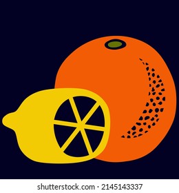 Un sencillo dibujo que muestra una naranja y medio limón a su lado