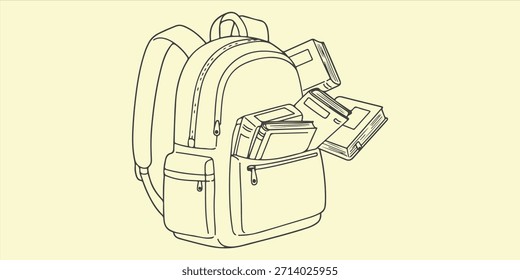 Eine einfache Zeichnung zeigt einen Rucksack voller Bücher, die Wissen, Studium und akademische Ziele darstellen.