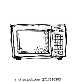 Un dibujo simple muestra un horno de microondas sobre un fondo blanco. El diseño detalla Botones, una puerta y un espacio interior vacío. El arte captura el equipo de cocina de todos los días sin colores.