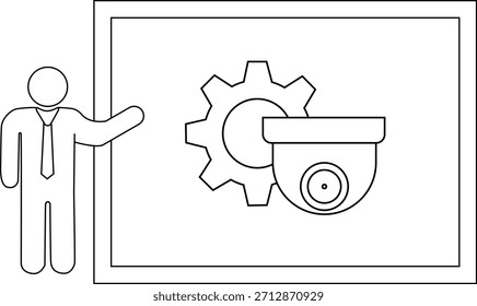 Um desenho simples mostra um apresentador ao lado de um diagrama emoldurado de uma engrenagem e câmera de segurança
