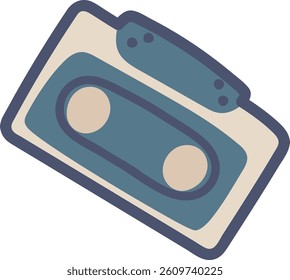 A simple drawing shows a vintage audio cassette.  The illustration depicts a magnetic tape for a recorder. Cartoon vector illustration