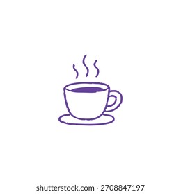 A simple drawing shows a white cup of coffee or tea with purple liquid and steam.