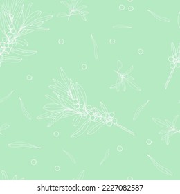 Esbozo simple de dibujo de una rama con bayas y hojas de color blanco sobre un fondo de menta. Vector, patrón sin fisuras.