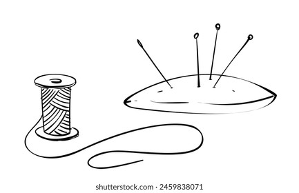 Simple drawing of spool of thread, needle and pins in decorative cushion, Vector sketch, Hand drawn illustration