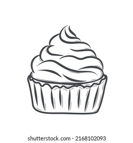 A simple drawing of a sweet cupcake with cream. Handmade muffin with whipped cream. Drawing in doodle style with strokes. Black outline on a white background.