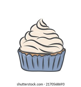 Eine einfache Zeichnung eines süßen Cupcakes mit Sahne. Handgebackener Muffin mit Peitschencreme. Zeichnen im Doodle-Stil mit Strichen. Einzelne Vektorgrafik