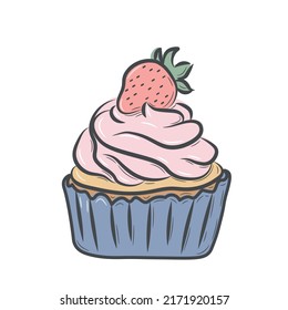 Un sencillo dibujo de un quequito dulce con crema y fresas. Muffin hecho a mano con crema batida. Dibujo en estilo doodle con trazos. Imagen colorida sobre un fondo blanco.