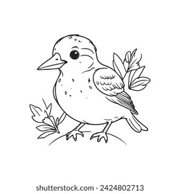 simple drawing with thin black lines of Cute Bird white background