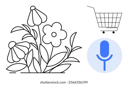 Simple drawing with three flowers in black and white, a shopping cart outlined in black, and a microphone symbol enclosed in a blue circle. Ideal for nature, shopping, communication, e-commerce