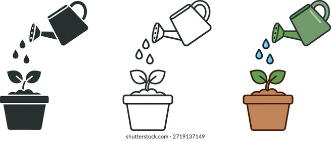 Un simple dibujo de tres plantas en maceta regadas por tres regaderas de diferentes colores