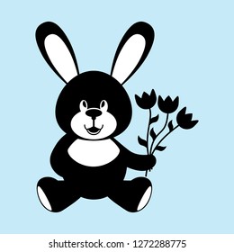 Simple drawing of a toy hare with a bouquet of flowers in its paws.