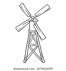 A simple drawing of a traditional windmill with a four-blade design mounted on a triangular support structure in black on white. Hand drawn vector sketch illustration in doodle vintage line art style