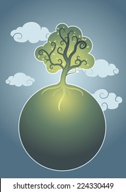Simple drawing of a tree growing in a small planet
