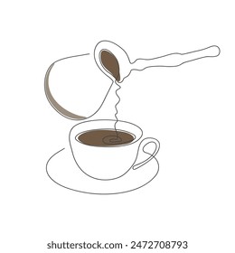 simple drawing Turkish coffee pot and coffee mug with plate drawn in one solid line on white background 