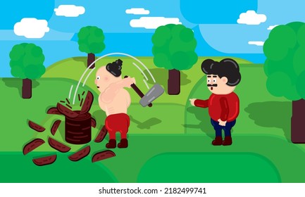 A simple drawing of two figures in the forest. Lumberjack chopping wood against the backdrop of the meadow and the sky.