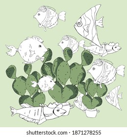 simple drawing of white fishes among green cacti in pots on a light green background,vector illustration