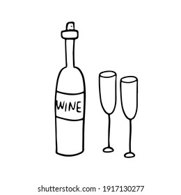 Simple drawing of wine bottle and wine glasses. Doodle outline style. Vector