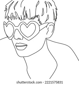 Un simple dibujo de la cara de una mujer con gafas. Chica con un corto corte de pelo en gafas. Blanco y negro. Dibujo de línea.