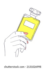 A simple drawing of a woman's hand holding a bottle of perfume