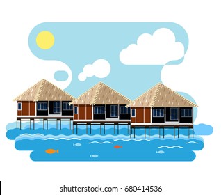 Simple drawing of wooden bungalow on the water. Isolated on white background