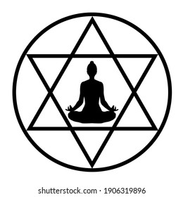 Simple drawing with a yogi in the lotus position in a middle of a stylized pentagram