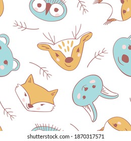 Simple drawings of forest animals for the design of children's fabric. Simple animal portraits seamless pattern - bear, squirrel, hare, fox, owl, deer.  Flat Vector illustration.