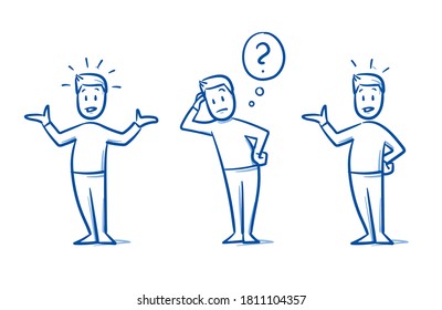 Simple drawn man in casual clothes looking confused spreading arms with question mark. Hand drawn blue line art cartoon vector illustration. 