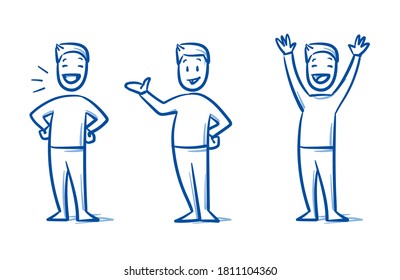 Simple drawn man in casual clothes looking happy, cheerful in winning pose and presenting something. Hand drawn blue line art cartoon vector illustration. 