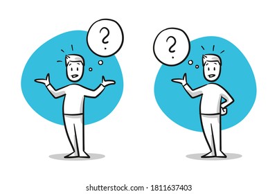 Simple drawn man in casual clothes looking confused spreading arms with question mark. Hand drawn cartoon sketch vector illustration, flat coloring. 