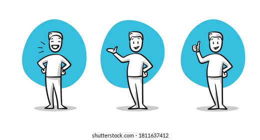 Simple drawn man in casual clothes looking happy in winning pose, presenting and liking something. Hand drawn cartoon sketch vector illustration, flat coloring. 