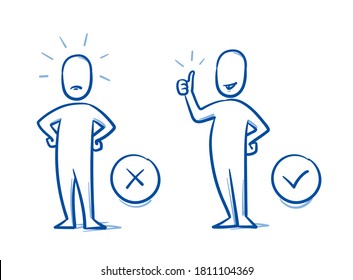 Simple drawn neutral person in 2 poses: angry and happy. Concept for pro & contra, do & don't, line & dislike. Hand drawn blue line art cartoon vector illustration. 