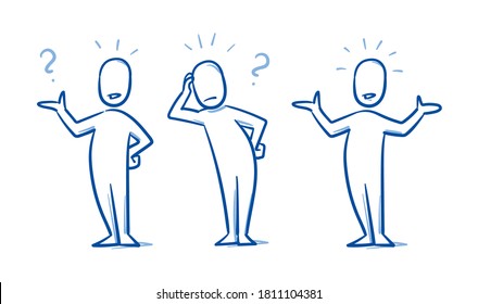 Simple drawn neutral person in casual clothes looking confused spreading arms with question marks. Hand drawn blue line art cartoon vector illustration. 