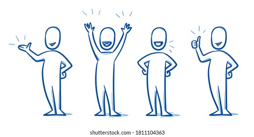 Simple drawn neutral person looking happy with thumb up, laughing hands up, cheerful in winning pose and presenting something. Hand drawn blue line art cartoon vector illustration. 