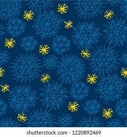 Simple drawn star and blue snowflakes seamless pattern. Xmas holiday naive motif. Christmas wrapping paper design.