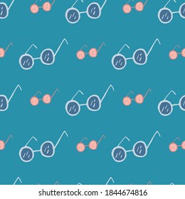 Simple and drawn sunglasses seamless doodle pattern. Optical accessory elements on blue brigt backgound. Great for fabric design, textile print, wrapping, cover. Vector illustration.