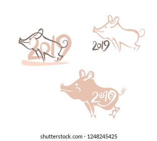 Simple drawn symbols year of the Pig 2019 on the Chinese calendar. Vector template handwritten figures. 
