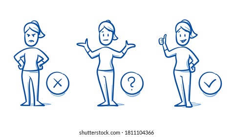 Simple drawn woman in 3 states: angry, undecided, happy. Concept for pro & contra, do & don't, line & dislike, or choosing something. Hand drawn blue line art cartoon vector illustration. 