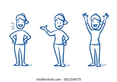 Simple drawn woman in casual clothes looking happy, cheerful in winning pose and presenting something. Hand drawn blue line art cartoon vector illustration. 