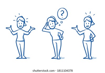 Simple drawn woman in casual clothes looking confused spreading arms with question mark. Hand drawn blue line art cartoon vector illustration. 