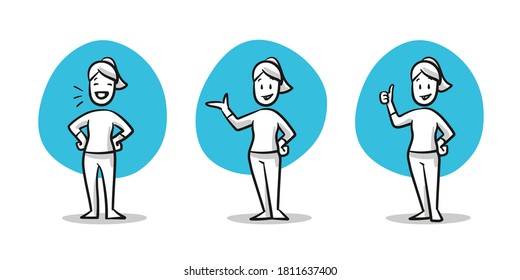 Simple drawn woman in casual clothes looking happy in winning pose, presenting and liking something. Hand drawn cartoon sketch vector illustration, flat coloring. 