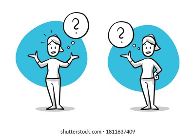 Simple drawn woman in casual clothes looking confused spreading arms with question mark. Hand drawn cartoon sketch vector illustration, flat coloring. 