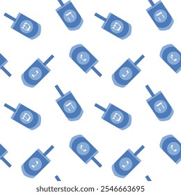 Simple Dreidel Seamless Pattern In Blue. Happy Hanukkah. Game For Children. White Background Flat Style. Wrapping , Wallpapers. Vector illustration