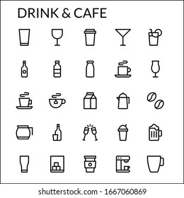 Simple Drink & Cafe Icon Set With Line Style Contain Such Icon As Glass, Water, Wine, Coffee, Milk, Tea, Beer, Cup, Bottle, Alcohol, Juice, Cheers And More. 48 X 48 Pixel Perfect