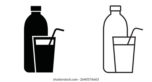 Simple drink icon design featuring a bottle and glass with a straw in two color variations