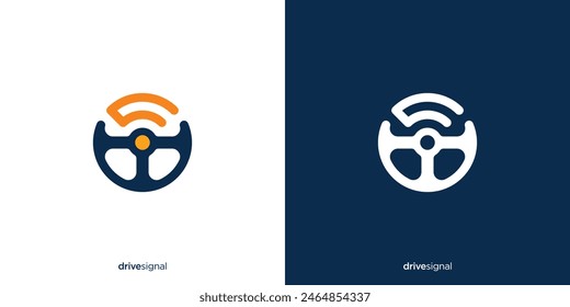 Simple Drive Signal Logo Design. Steering Wheel and Signal WiFi Connection Symbol Vector Illustration.