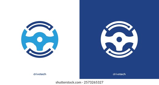 Simple Drive Tech Logo. Steering Wheel and Circuit of Technology Graphic Icons. Driver Tech Logo Design Template.